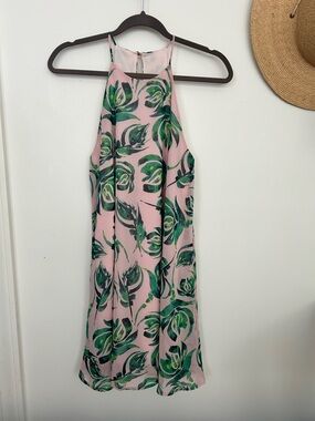 Everly Pink Dress with Green Tropical Leaf Motif